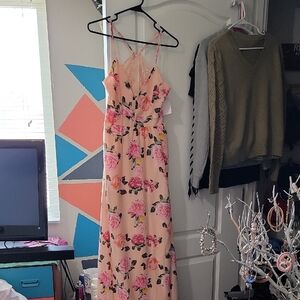 Pink Floral Halter Maxi Sundress for Prom